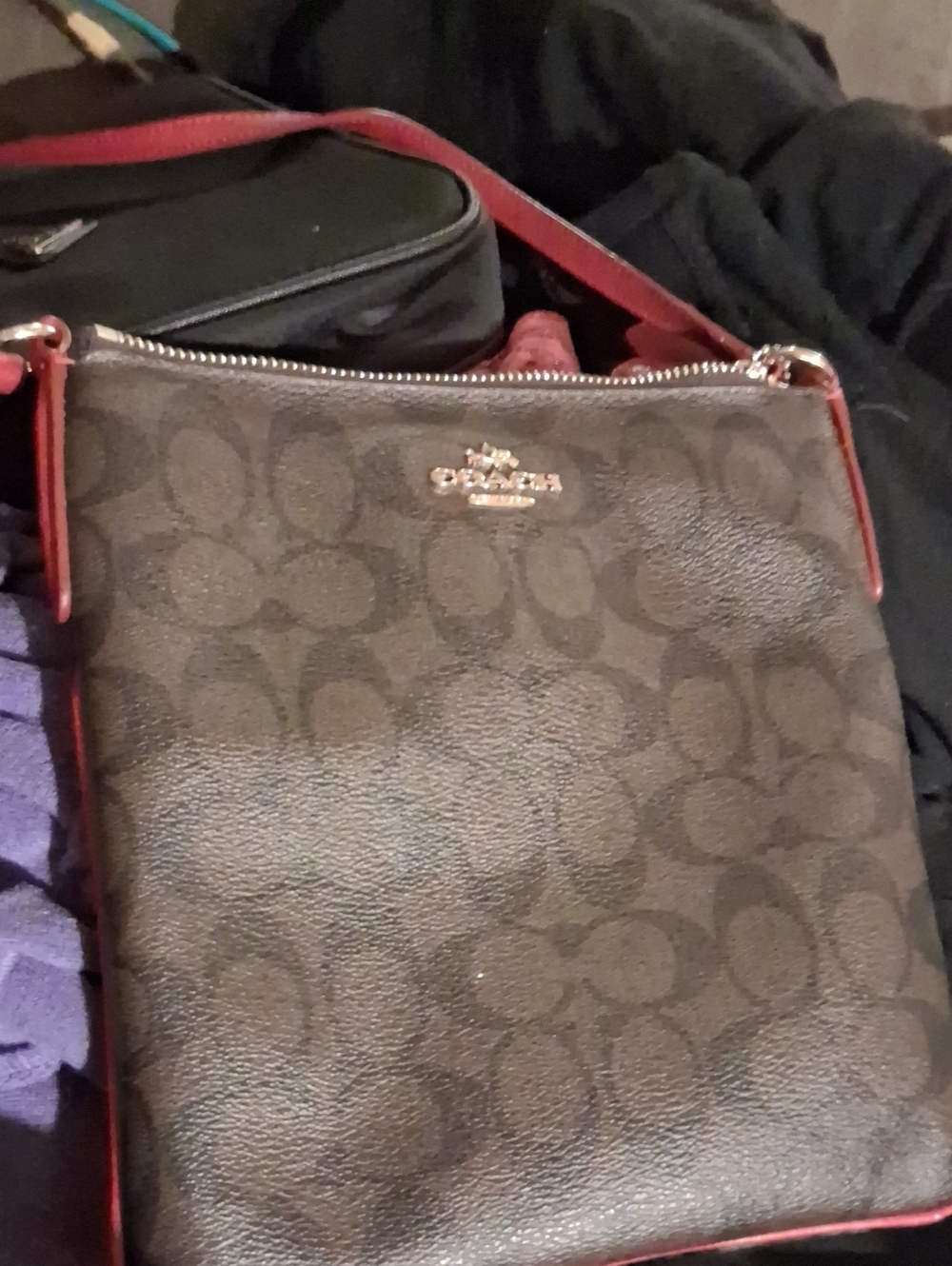 Coach Brown Signature Crossbody with Red Trim and Strap